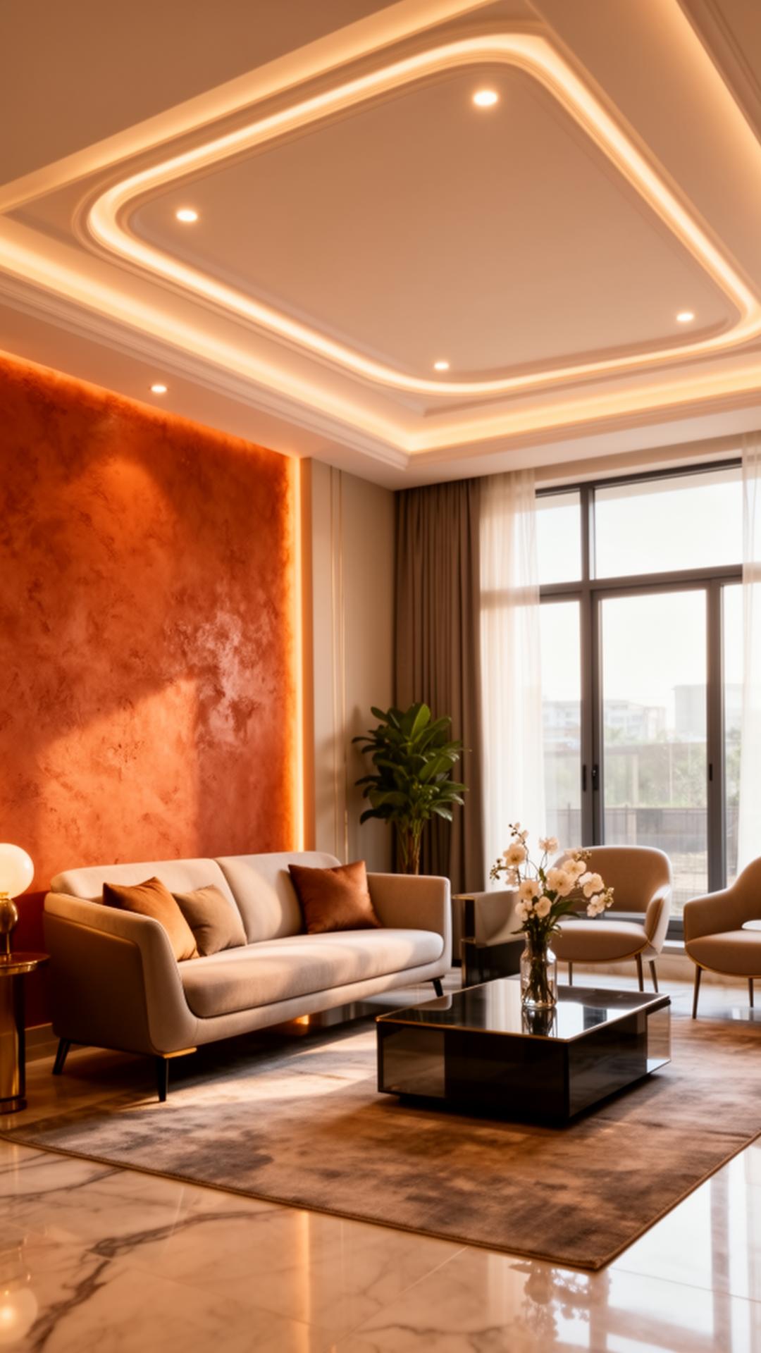 Modern Nigerian living room with custom POP ceiling and terracotta accent wall by De Lite Color